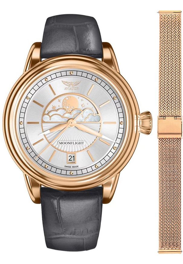 AVIATOR - Zegarek damski Aviator V.1.33.2.251.4GM-SET różowe złoto. Kolor: złoty, wielokolorowy, różowy