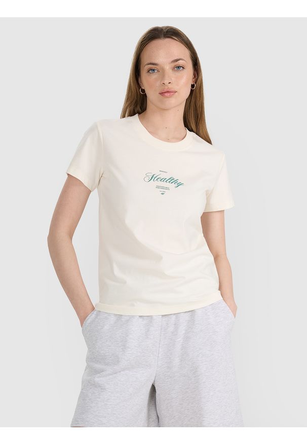 4f - 4F T-shirt regular z nadrukiem damski - biały XXL. Okazja: na co dzień. Kolor: biały. Materiał: dzianina, jersey, bawełna, materiał. Długość rękawa: krótki rękaw. Długość: krótkie. Wzór: nadruk. Styl: casual, klasyczny, sportowy