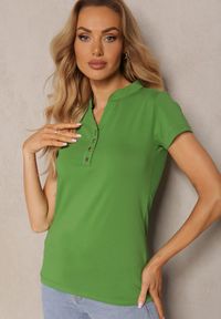 Renee - Zielony Bawełniany T-shirt z Guzikami przy Dekolcie Wialina. Okazja: na co dzień, na spacer. Kolor: zielony. Materiał: bawełna. Styl: klasyczny, casual #5