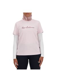 Koszulka New Balance WT41909SOI - różowa. Kolor: różowy. Materiał: bawełna. Długość rękawa: krótki rękaw. Długość: krótkie. Wzór: napisy