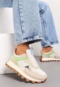 Renee - Beżowo-Zielone Sneakersy z Szerokim Bieżnikiem na Podeszwie Johina. Kolor: beżowy. Materiał: jeans. Szerokość cholewki: normalna. Wzór: kolorowy #1