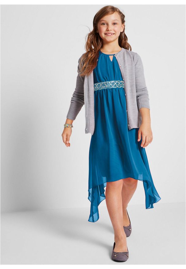 bonprix - Sukienka szyfonowa z cekinami. Typ kołnierza: dekolt w serek. Kolor: niebieski. Materiał: szyfon. Długość rękawa: bez rękawów. Typ sukienki: asymetryczne