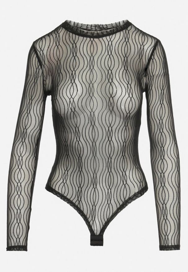 Born2be - Czarne Siateczkowe Body z Okrągłym Dekoltem i Metalicznym Zdobieniem Jorunna. Kolor: czarny. Wzór: aplikacja