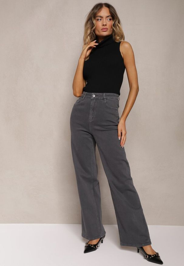 Renee - Ciemnoszare Jeansy Szerokie Phririope. Okazja: na co dzień. Stan: podwyższony. Kolor: szary. Wzór: aplikacja. Styl: elegancki, casual