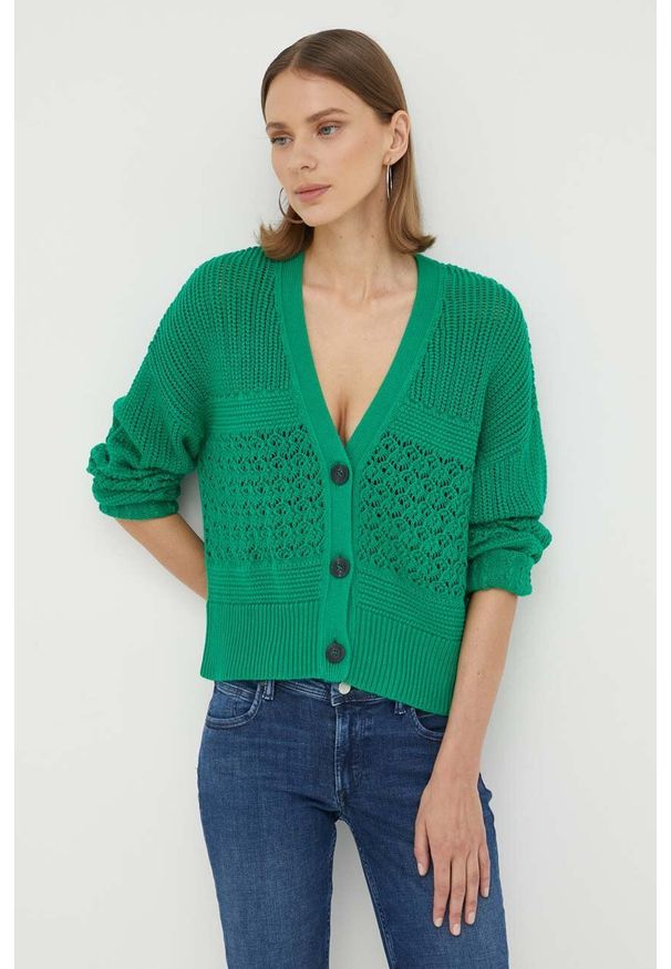 Marc O'Polo kardigan bawełniany DENIM kolor zielony. Typ kołnierza: polo. Kolor: zielony. Materiał: bawełna, denim. Długość rękawa: długi rękaw. Długość: długie. Wzór: ze splotem