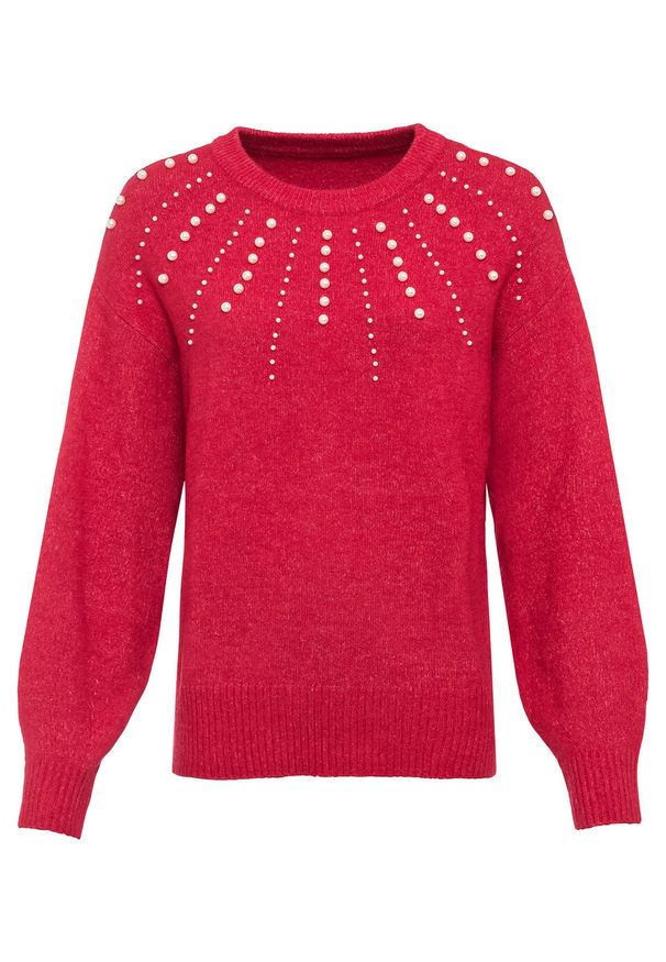 Sweter z perełkami bonprix czerwony. Kolor: czerwony. Materiał: wełna, poliester, elastan, materiał, akryl