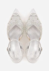 Renee - Srebrne Siateczkowe Czółenka na Szpilce VICES Ozdobione Cyrkoniami i Brokatem Orinelis. Zapięcie: sprzączka. Kolor: srebrny. Materiał: satyna. Szerokość cholewki: normalna. Wzór: aplikacja. Obcas: na szpilce. Styl: glamour #5