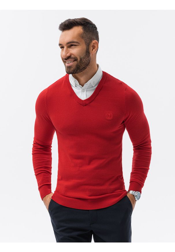 Ombre Clothing - Sweter męski z białym kołnierzykiem - czerwony V4 - Rozmiar: L. Typ kołnierza: dekolt w serek, kołnierzyk koszulowy. Kolor: czerwony. Materiał: nylon, bawełna, materiał. Styl: klasyczny