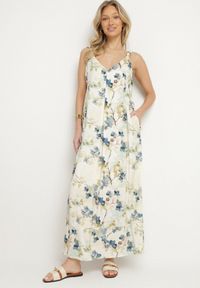 Born2be - Beżowo-Niebieska Kwiecista Sukienka na Ramiączkach z Wiskozą o Rozkloszowanym Kroju Jenarienna. Okazja: na co dzień. Typ kołnierza: dekolt w kształcie V. Kolor: niebieski. Materiał: wiskoza. Długość rękawa: na ramiączkach. Wzór: kwiaty. Typ sukienki: rozkloszowane. Styl: casual, elegancki #1