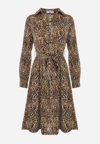 Born2be - Ciemnobeżowa Sukienka Koszulowa w Panterkę Vesenil. Kolor: beżowy. Materiał: materiał. Wzór: motyw zwierzęcy. Typ sukienki: koszulowe. Długość: midi #3