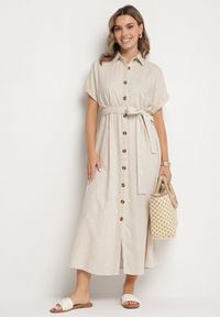 Born2be - Beżowa Koszulowa Sukienka z Lnem Wiskozą i Paskiem Lenaviel. Okazja: na co dzień. Kolor: beżowy. Materiał: len, wiskoza. Typ sukienki: koszulowe. Styl: casual, klasyczny #6