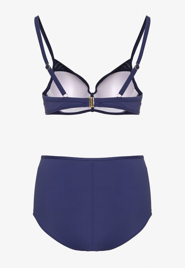 Born2be - Granatowe Bikini Biustonosz z Metaliczną Aplikacją i Majtki Figi Iffonavia. Kolor: niebieski. Materiał: len. Wzór: aplikacja
