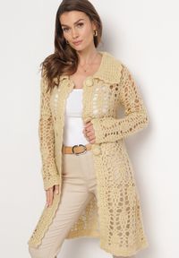 Born2be - Beżowy Długi Kardigan Ażurowy Lontoria. Kolor: beżowy. Długość: długie. Wzór: ażurowy. Sezon: jesień, zima #3
