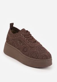 Renee - Brązowe Sneakersy Boho na Platformie Zdobione Plecionym Wzorem Abilama. Kolor: brązowy. Materiał: jeans, zamsz. Szerokość cholewki: normalna. Wzór: aplikacja. Obcas: na platformie #3