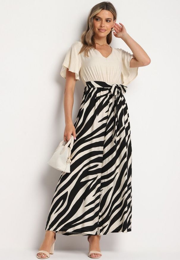 Born2be - Czarno-Biały Taliowany Kombinezon z Szerokimi Nogawkami i Paskiem w Talii Nellma. Okazja: na co dzień. Kolor: czarny. Materiał: wiskoza. Długość rękawa: krótki rękaw. Długość: krótkie. Styl: elegancki, casual