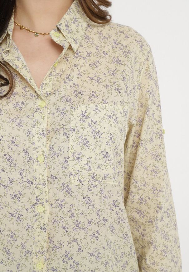 Born2be - Jasnożółta Bawełniana Koszula w Drobne Kwiatki Silema. Kolor: żółty. Materiał: bawełna. Wzór: kwiaty