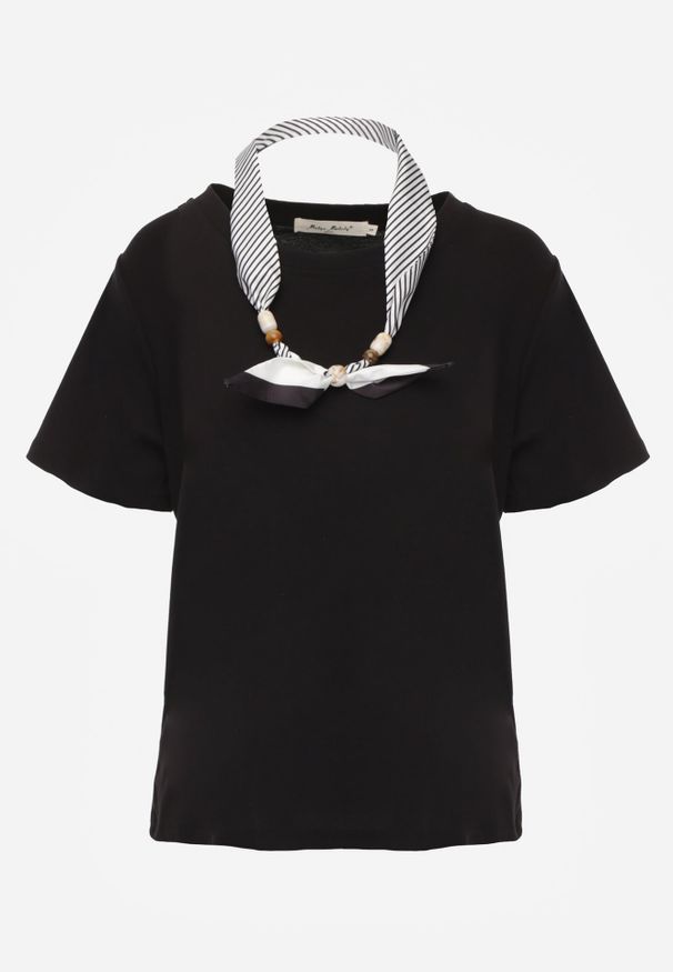 Renee - Czarny Bawełniany T-shirt Hillswor Ozdobiony Apaszką. Kolor: czarny. Materiał: bawełna. Wzór: aplikacja. Styl: elegancki