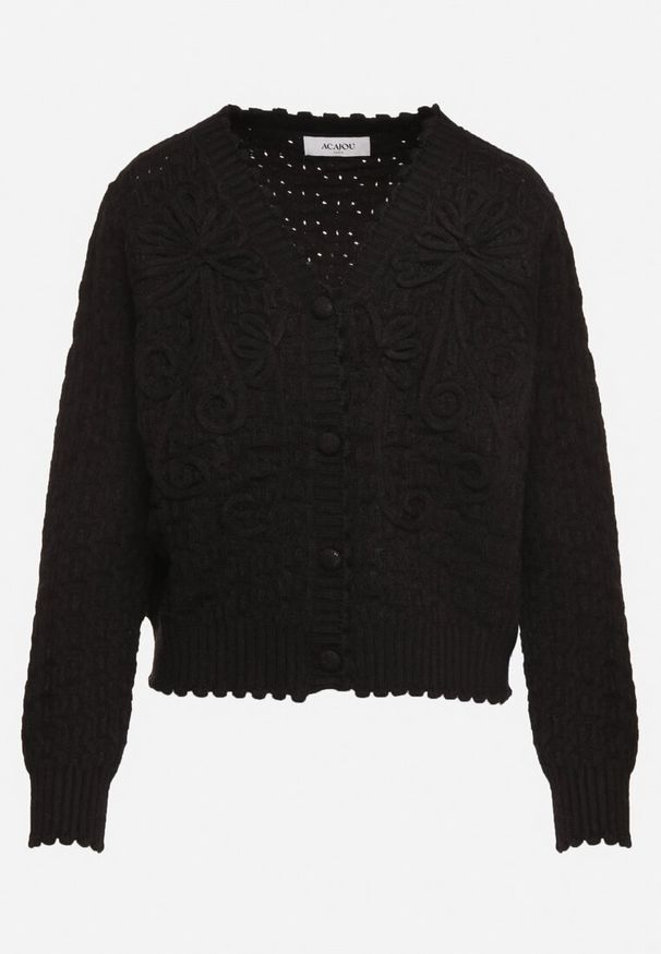 Born2be - Czarny Kardigan Oversize Zapinany na Guziki z Ozdobnym HaftemKalabrine. Kolor: czarny. Materiał: materiał. Sezon: zima