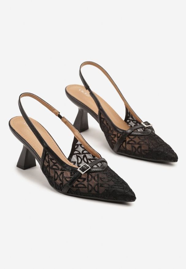 Renee - Czarne Sandały Vices na Obcasie z Haftowanej Siateczki Telaniriel. Okazja: na co dzień. Kolor: czarny. Materiał: jeans. Wzór: haft. Obcas: na obcasie. Styl: elegancki, casual. Wysokość obcasa: średni