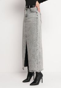Born2be - Szara Jeansowa Spódnica Maxi z Paskiem Goergen. Stan: podwyższony. Kolor: szary. Materiał: jeans. Wzór: aplikacja #6