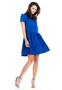 e-margeritka - Sukienka mini z falbaną na dole niebieska - 42. Okazja: na co dzień. Kolor: niebieski. Materiał: poliester, elastan, materiał. Typ sukienki: rozkloszowane. Styl: elegancki, casual. Długość: mini