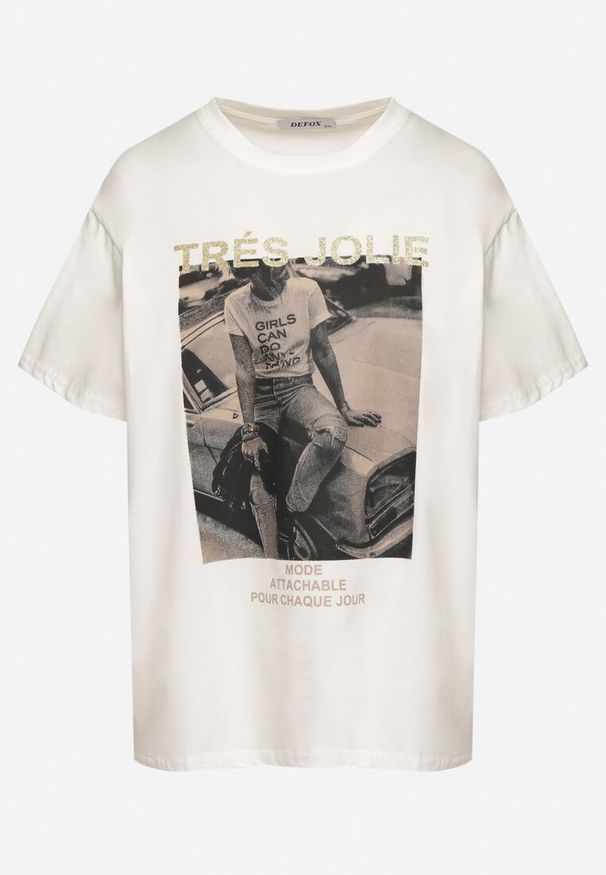 Born2be - Biały T-shirt z Bawełny Ozdobiony Nadrukiem i Brokatem Marionel. Okazja: na co dzień. Kolor: biały. Materiał: bawełna. Wzór: nadruk, aplikacja. Styl: elegancki, casual, klasyczny