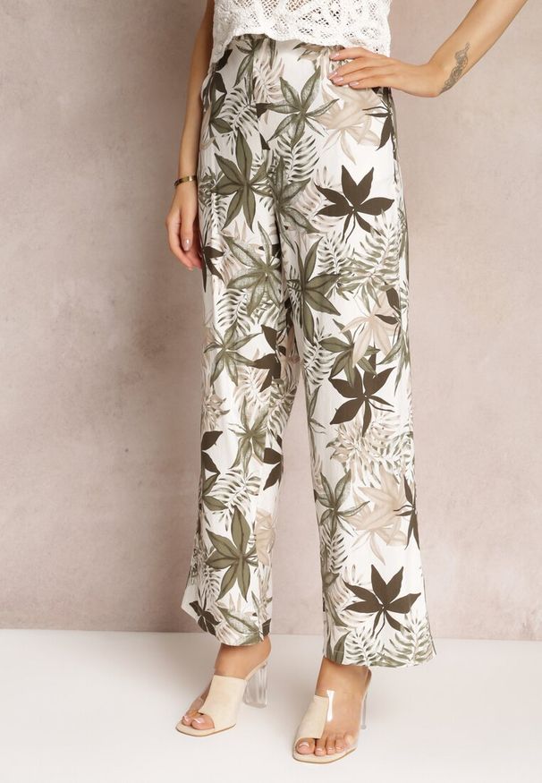 Renee - Ciemnobeżowe Bawełniane Spodnie z Szerokimi Nogawkami i Gumką w Pasie Hazis. Stan: podwyższony. Kolor: beżowy. Materiał: bawełna. Długość: długie