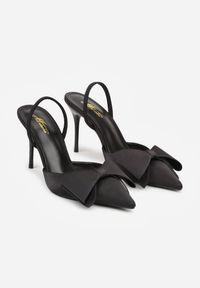 Renee - Czarne Sandały Satynowe na Szpilce Slingback Ozdobione Kokardą Daemoris. Okazja: na imprezę. Zapięcie: sprzączka. Kolor: czarny. Materiał: satyna. Wzór: aplikacja. Obcas: na szpilce. Styl: elegancki #4