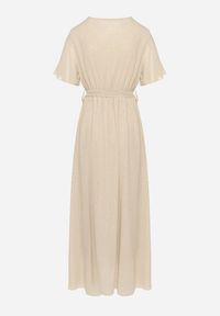 Born2be - Beżowa Brokatowa Sukienka Koktajlowa Ozdobiona Paskiem Ziliane. Okazja: na imprezę. Kolor: beżowy. Wzór: aplikacja. Styl: wizytowy #4