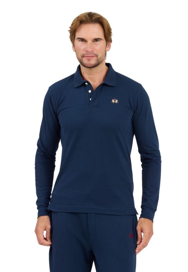 La Martina - LA MARTINA Granatowy męski longsleeve polo Piquet Stretch, Rozmiar XXL. Typ kołnierza: polo. Kolor: niebieski. Długość rękawa: długi rękaw