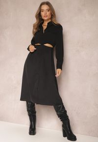 Renee - Czarna Sukienka Koszulowa Pumpa. Kolor: czarny. Materiał: materiał. Długość rękawa: długi rękaw. Wzór: jednolity, gładki. Typ sukienki: koszulowe #1