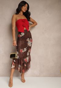 Renee - Brązowa Dopasowana Spódnica z Ozdobną Falbaną Efravaria. Okazja: na co dzień, na spotkanie biznesowe. Kolor: brązowy. Styl: biznesowy, elegancki, casual #3