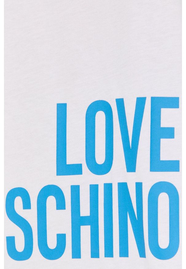 Love Moschino sukienka bawełniana kolor biały mini oversize. Kolor: biały. Materiał: bawełna. Długość rękawa: krótki rękaw. Wzór: nadruk. Typ sukienki: oversize. Długość: mini