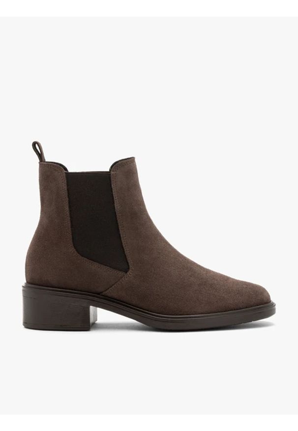 Ryłko - Brązowe ocieplane sztyblety. Okazja: na co dzień. Zapięcie: bez zapięcia. Kolor: brązowy. Wysokość cholewki: za kostkę. Materiał: skóra, welur. Sezon: zima, jesień. Obcas: na obcasie. Styl: casual, street, klasyczny, elegancki. Wysokość obcasa: średni