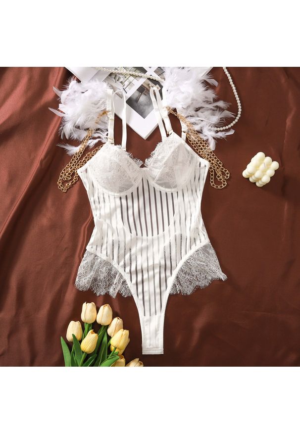Intica - Body z piórkami na specjalne okazje Ingerlise. Kolor: biały. Materiał: materiał, koronka. Wzór: aplikacja