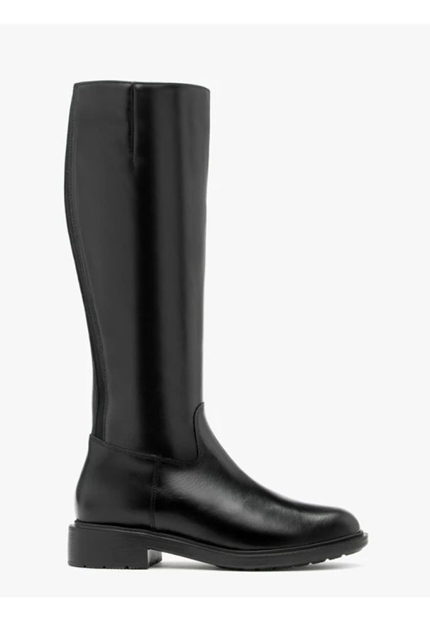 Ryłko - Klasyczne czarne kozaki z wąską cholewką. Nosek buta: okrągły. Zapięcie: zamek. Kolor: czarny. Materiał: skóra. Szerokość cholewki: wąska. Obcas: na obcasie. Styl: klasyczny. Wysokość obcasa: średni