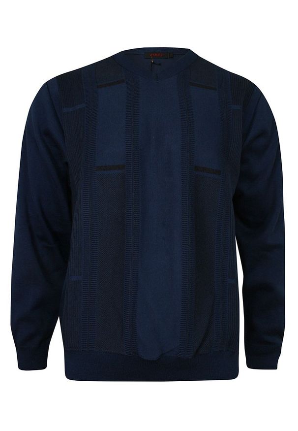 Kings - Sweter Męski, Granatowy w Serek -KINGS- Dekolt V-Neck, Czarny Tłoczony Wzór, Klasyczny. Okazja: do pracy, na co dzień, na spotkanie biznesowe. Typ kołnierza: dekolt w serek. Kolor: niebieski. Materiał: bawełna, materiał, akryl. Styl: klasyczny