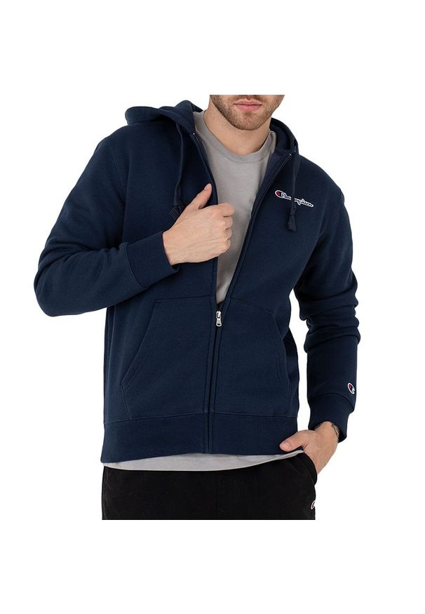 Bluza Champion Hooded Full-Zip 217864-BS538 - granatowa. Typ kołnierza: kaptur. Kolor: niebieski. Materiał: bawełna, tkanina, poliester. Wzór: napisy. Styl: sportowy, klasyczny