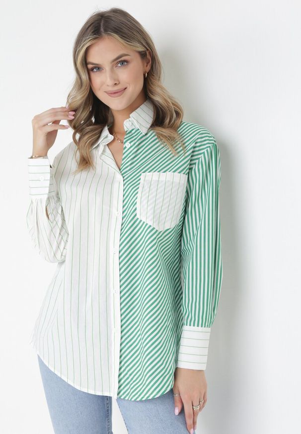 Born2be - Zielono-Biała Koszula w Paski z Kołnierzem Aeshoma. Kolor: biały. Materiał: materiał. Wzór: paski. Styl: elegancki