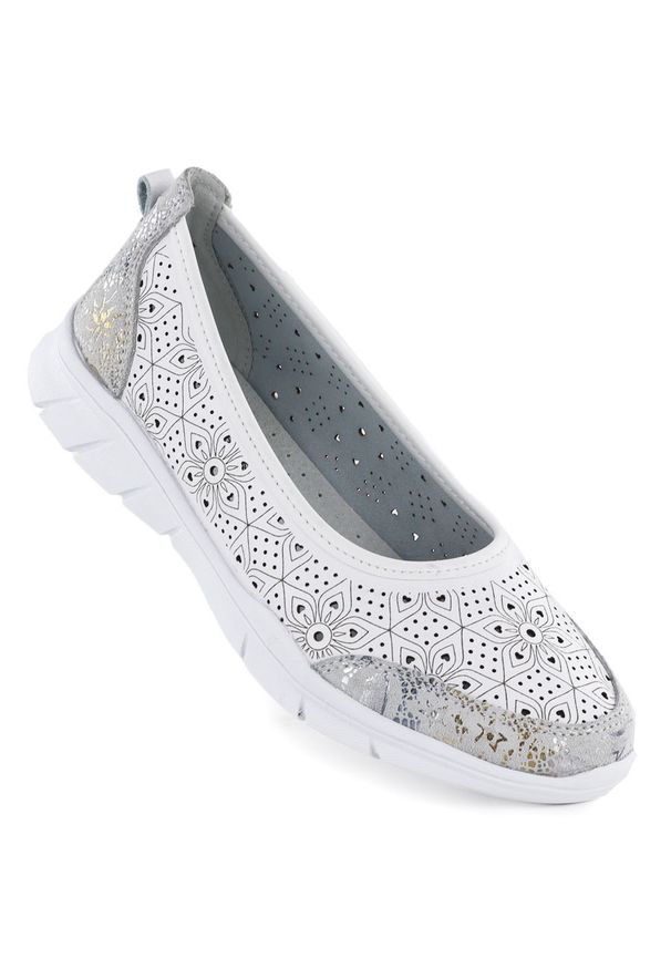 Skórzane baleriny damskie ażurowe białe Jezzi 9997. Kolor: biały. Materiał: skóra. Szerokość cholewki: normalna. Wzór: ażurowy