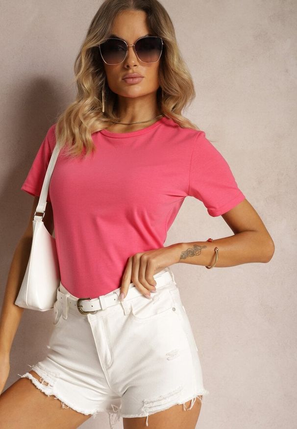 Renee - Fuksjowy T-shirt Koszulka z Krótkim Rękawem i Okrągłym Dekoltem Tiarella. Kolor: różowy. Materiał: jeans. Długość rękawa: krótki rękaw. Długość: krótkie. Wzór: aplikacja. Styl: klasyczny, elegancki