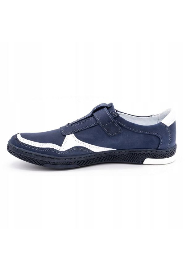 Polbut Buty męskie skórzane casual 2102 granatowe z białym białe. Okazja: na co dzień. Zapięcie: bez zapięcia. Kolor: niebieski, biały, wielokolorowy. Materiał: skóra. Styl: casual