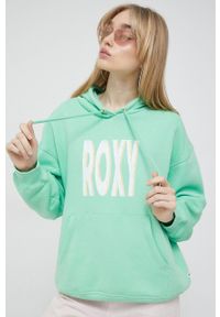 Roxy bluza damska kolor zielony z kapturem z nadrukiem. Typ kołnierza: kaptur. Kolor: zielony. Długość rękawa: długi rękaw. Długość: długie. Wzór: nadruk #3