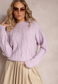 Renee - Fioletowy Klasyczny Sweter w Ozdobny Splot Olgame. Kolor: fioletowy. Materiał: dzianina, tkanina. Wzór: ze splotem. Styl: klasyczny #5