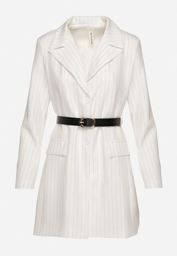 Born2be - Biała Sukienka w Stylu Marynarki z Wiskozą z Usztywnioną Linią Ramion w Paski Nevolia. Okazja: do pracy. Kolor: biały. Materiał: wiskoza. Wzór: paski. Styl: elegancki, klasyczny