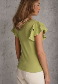 Renee - Zielona Gładka Bluzka z Bawełny z Rękawkami z Falbanek Nedaxera. Okazja: na co dzień, na randkę, na imprezę. Typ kołnierza: kołnierz z falbankami. Kolor: zielony. Materiał: bawełna. Długość rękawa: krótki rękaw. Wzór: gładki. Styl: casual #2