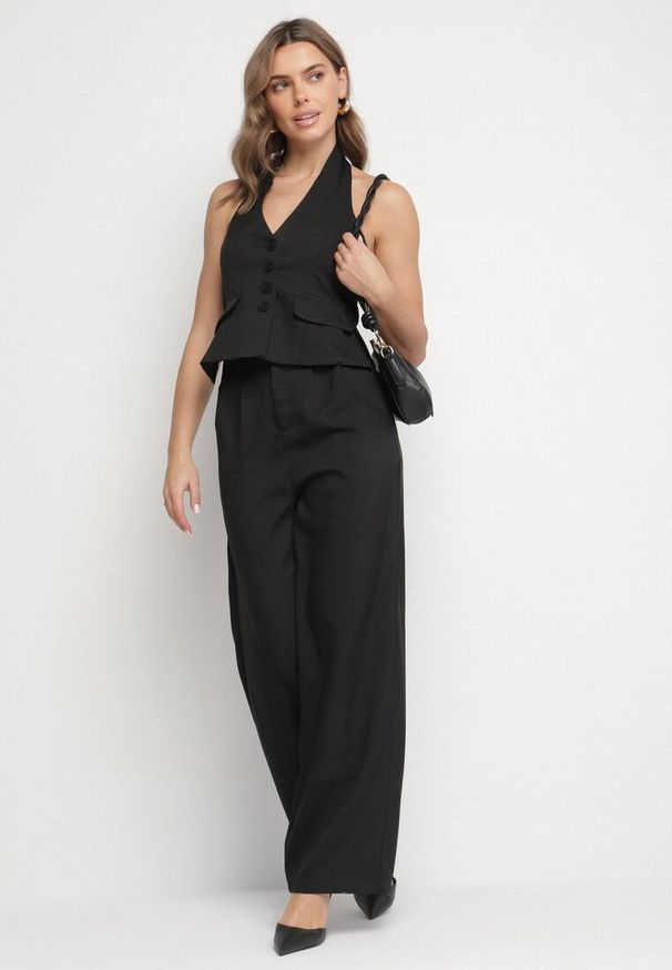 Born2be - Czarny Komplet Garniturowy Kamizelka na Szyję i Szerokie Spodnie Darelna. Kolor: czarny. Materiał: materiał