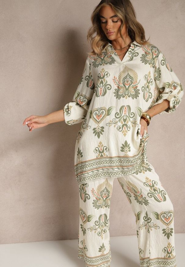 Renee - Zielony Komplet z Wiskozą Szerokie Spodnie i Bluzka w Stylu Boho Rinadora. Kolor: zielony. Materiał: wiskoza