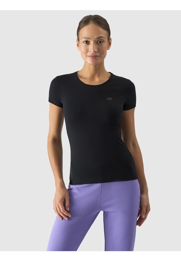 4f - 4F T-shirt slim gładki damski - czarny XS. Okazja: na co dzień. Kolor: czarny. Materiał: jersey, materiał, bawełna, elastan, dzianina. Wzór: gładki. Styl: sportowy, casual