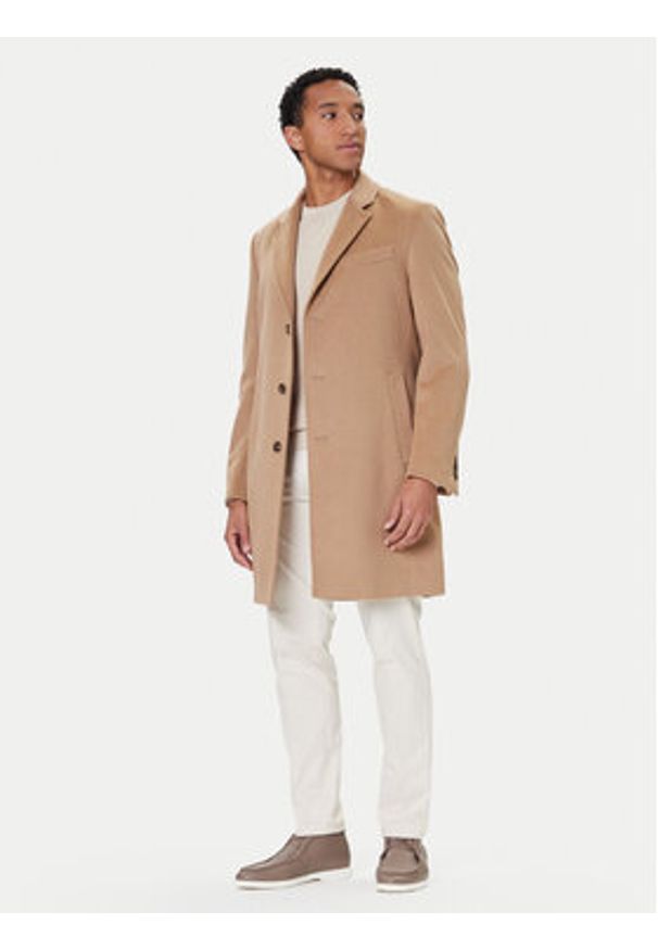 BOSS Płaszcz wełniany Hyde 50549187 Beżowy Slim Fit. Kolor: beżowy. Materiał: wełna